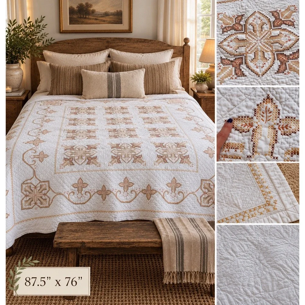 Vintage Hand Embroidered Quilt Brown Cross Stitch Whole Cloth Folk Art Coverlet
